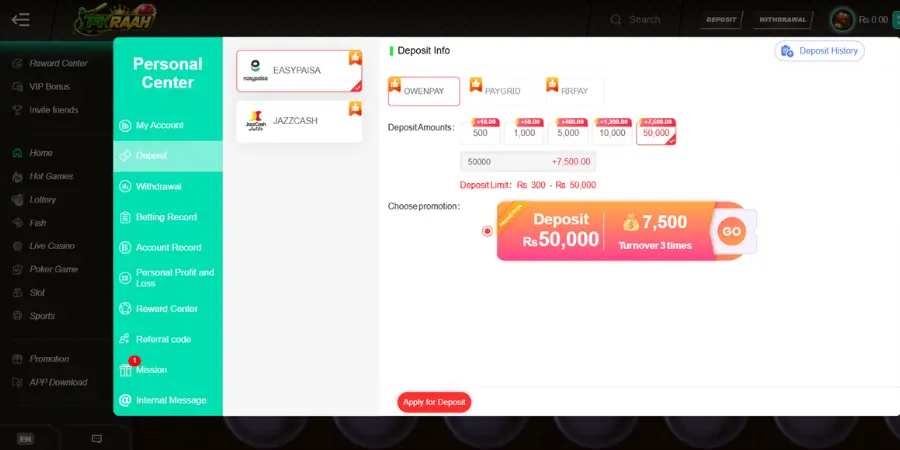 deposit methods on pkraah